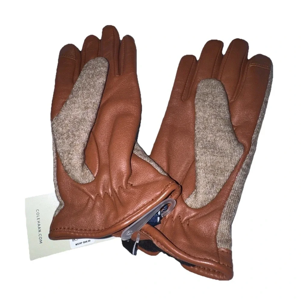 Cole Haan Women Woven Backed Gloves Sz S Teak Colorblock‎ Brown Tan Wool Leather